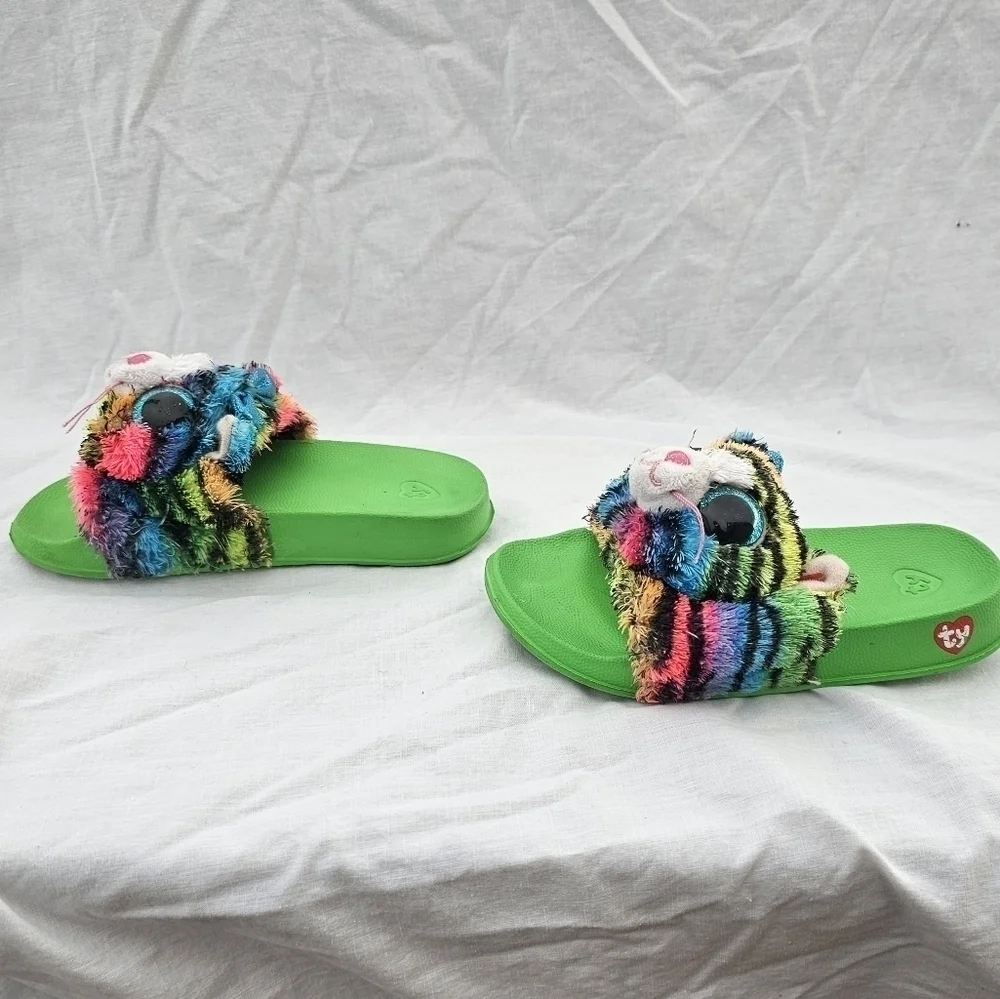 Ty - Fashion Slipper Slides - size 11-13 green and multicolored cat Tigerly-